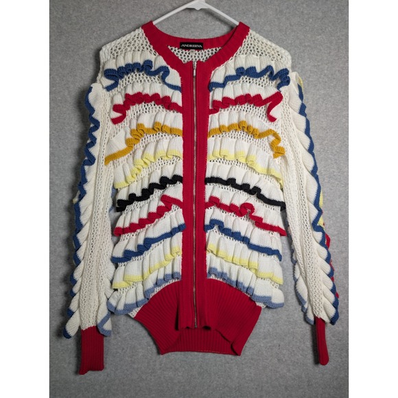 ANDREEVA Sweaters - ANDREEVA Crochet Sweater Multi Color Ruffle Open Knit Zip Up Cardigan Medium